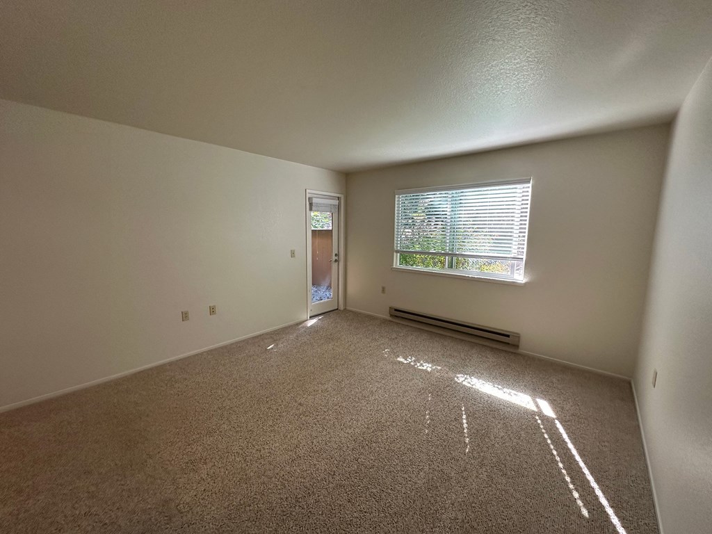 an empty room with carpet and a window