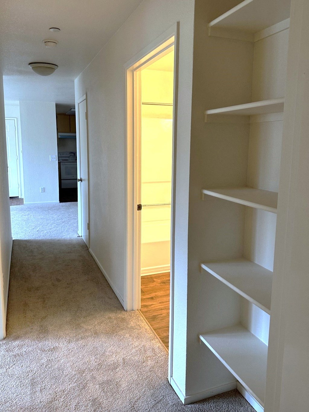 a walk in closet with a door open to a hallway with white shelves