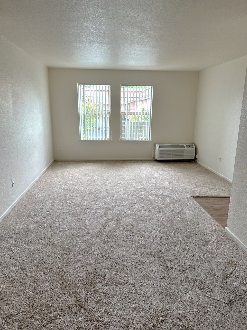 an empty living room with carpet and two windows