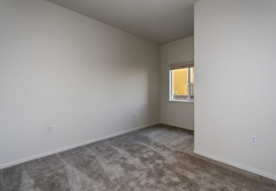 an empty living room with carpet and a window