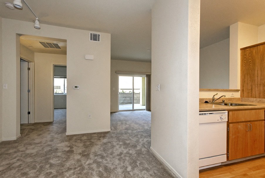 an empty kitchen and living room with a sink and a dishwasher