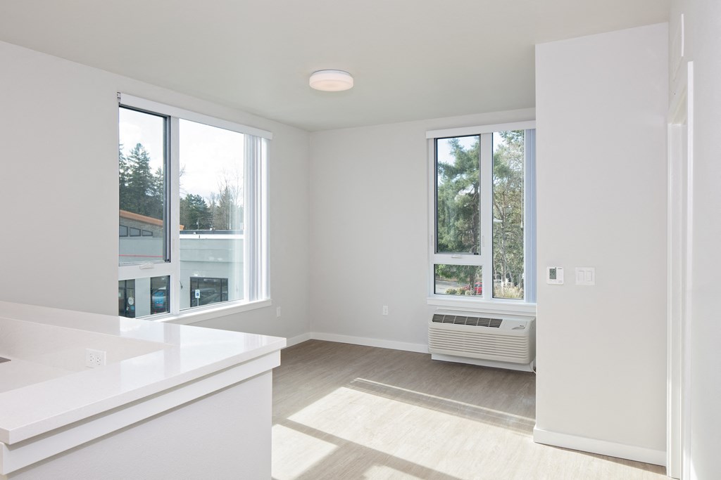 an empty kitchen with a radiator and large windows