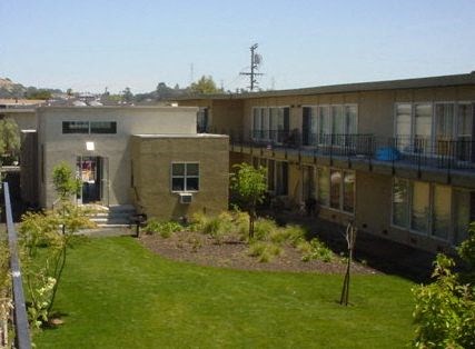 an apartment building with a yard and a green lawn