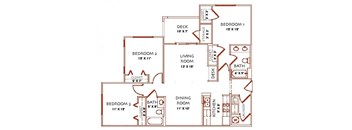 A red floor plan of a house with labeled rooms.