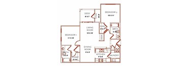 A floor plan of a two bedroom apartment with a living room, dining room, kitchen, and laundry room.