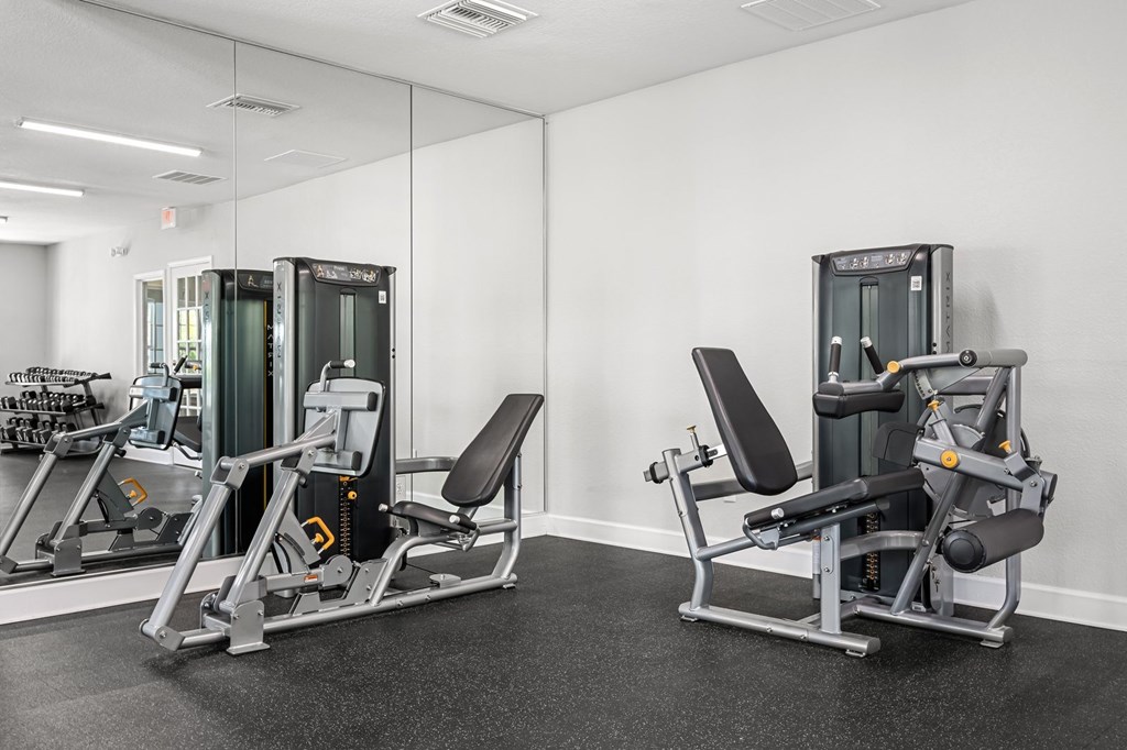 A gym with a mirror and two weight machines.