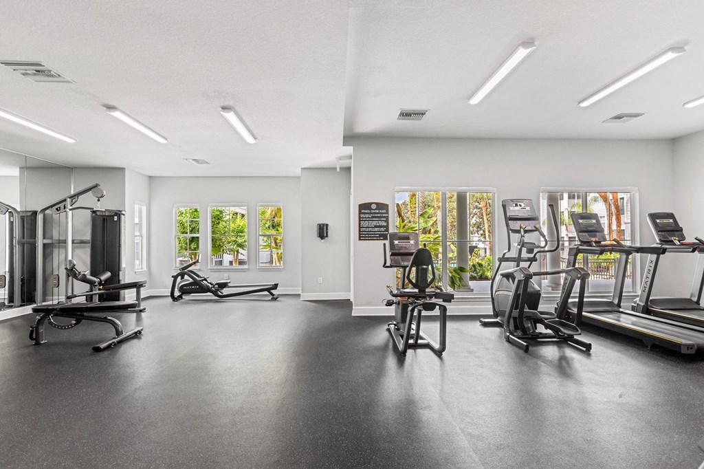A spacious gym with a variety of equipment and a view of trees outside the windows.