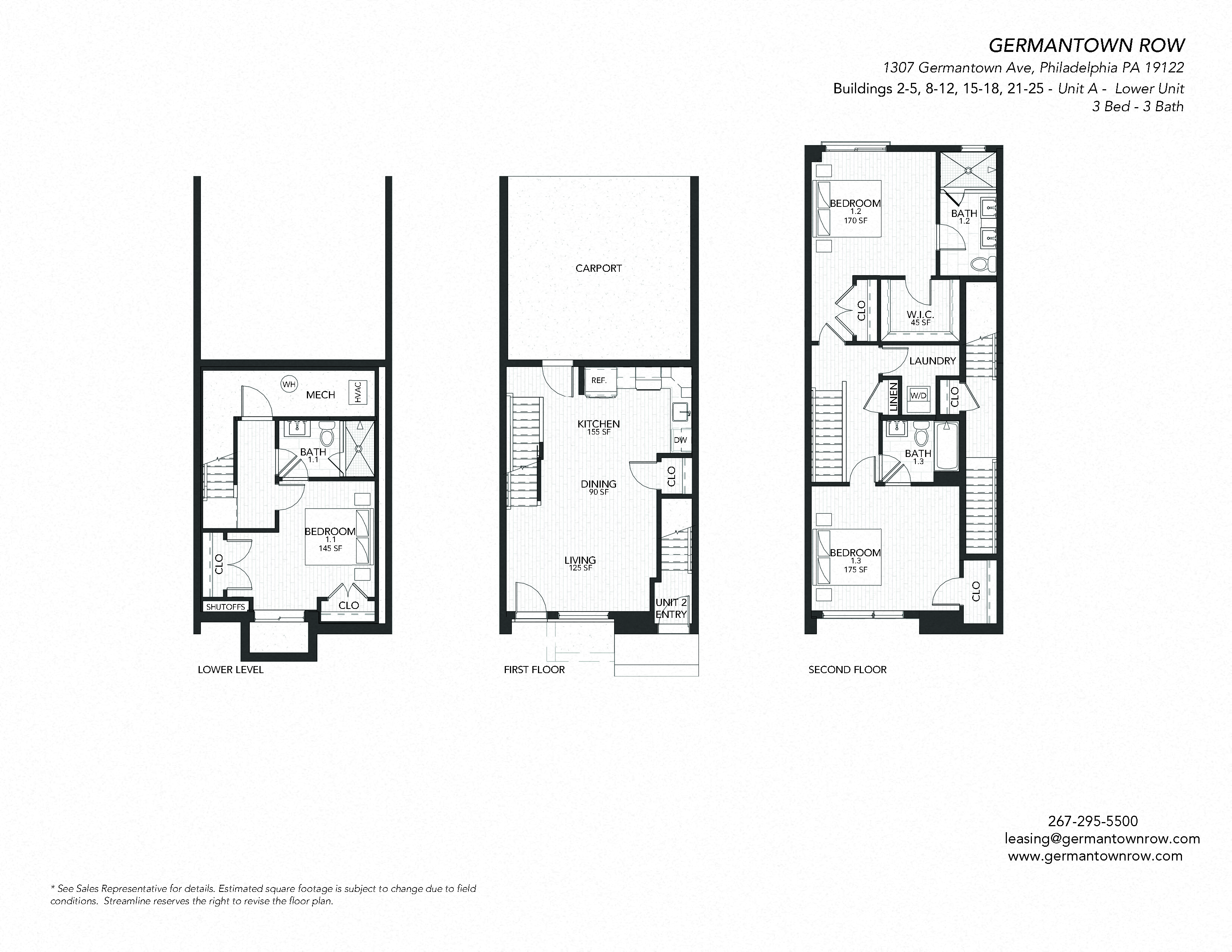 three floor plans of a residence with different floor plans