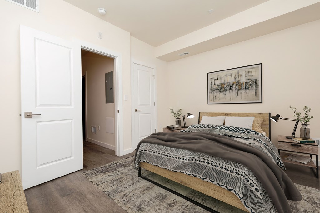 a bedroom with a bed and a closet