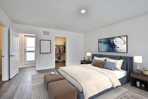 a bedroom with a bed and a closet