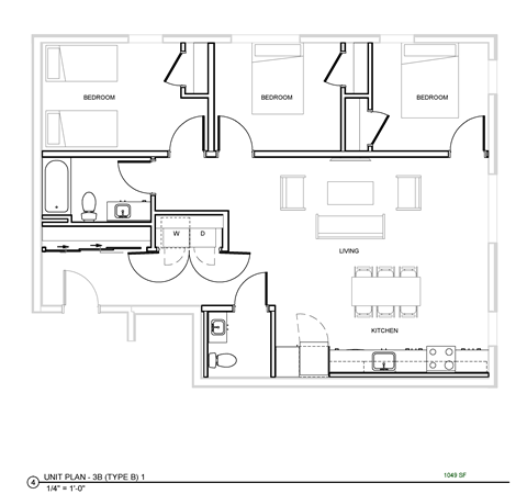 A black and white image of a floor plan for a 3-bedroom apartment.