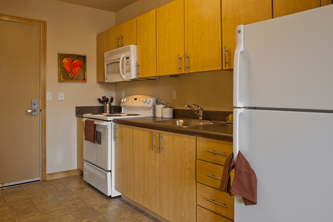 a kitchen with a stove refrigerator and sink