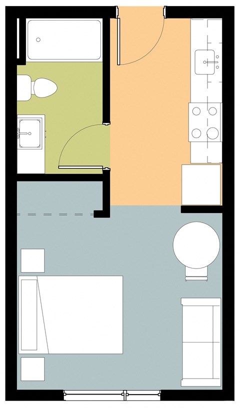 A floor plan of a house with a kitchen, living room, and bathroom.