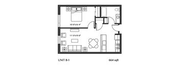 A black and white image of a floor plan for a 664 sqft unit.