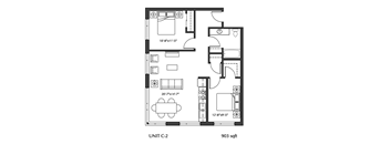 A black and white image of a floor plan for a 903 sqft unit.