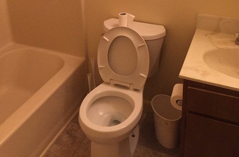 A white toilet is in a bathroom with a trash can and a sink.