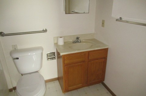 A white toilet sits next to a sink in a small bathroom.