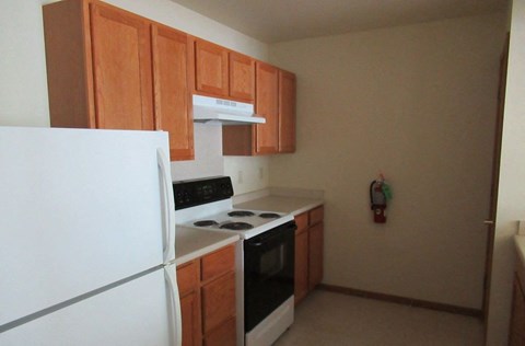 A kitchen with a white fridge, black stove and wooden cabinets.
