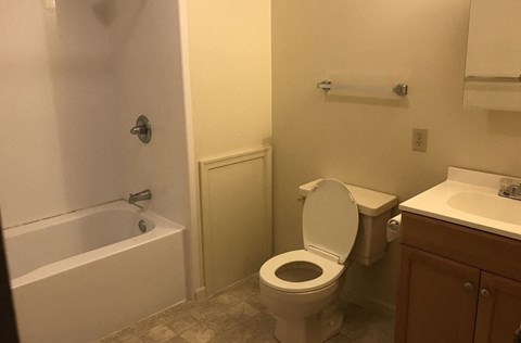 A white toilet is in a bathroom with a white bathtub and sink.