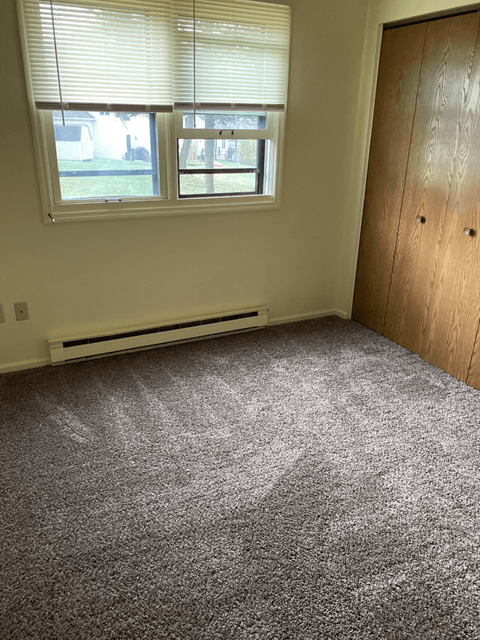 A room with a carpeted floor, a window with blinds, and a wooden door.