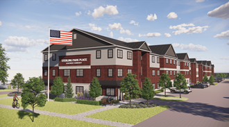 a rendering of a building with an flag in front of it