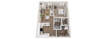a 2 bedroom floor plan with a bathroom and a living room
