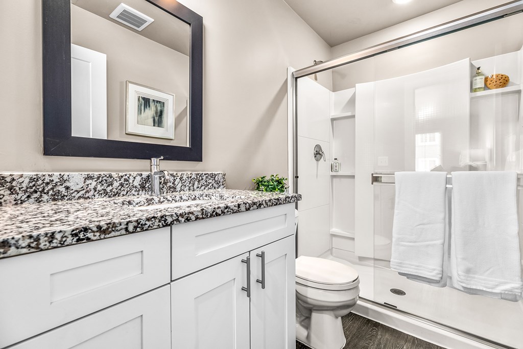 A white bathroom with a marble counter top and a large mirror.