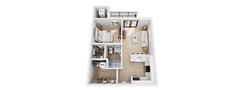 A floor plan of a small apartment with a kitchen, living room, and bedrooms.