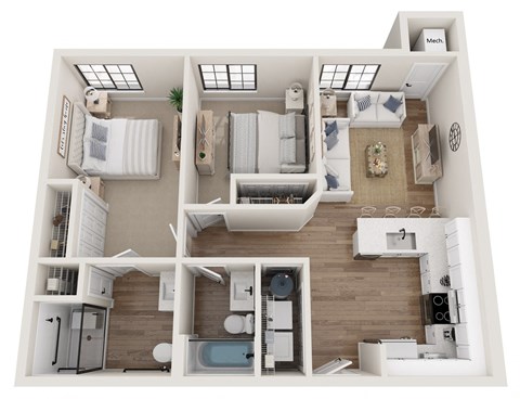 a 3 bedroom floor plan with a bathroom and a living room