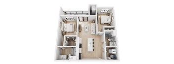 A floor plan of a house with a kitchen, living room, dining room, and two bedrooms.