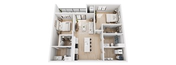 A top-down view of a modern apartment layout.