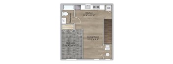 A floor plan of a small apartment with a kitchen, bathroom, living room, and bedroom.