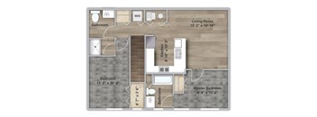 A floor plan of a small apartment with a living room, kitchen, and three bedrooms.