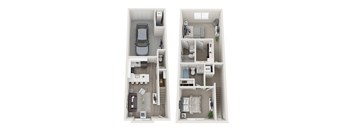a stylized floor plan with a bedroom and a living room