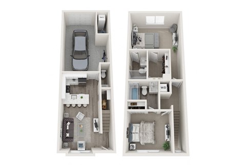 a stylized floor plan with a bedroom and a living room