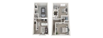 a stylized floor plan with a bedroom and a living room