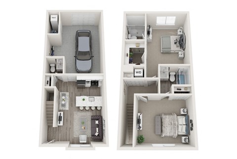 a stylized floor plan with a bedroom and a living room