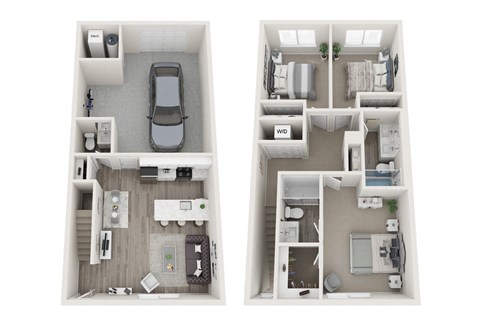 a stylized floor plan with a bedroom and a living room