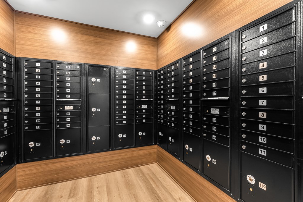 a large number of lockers in the basement