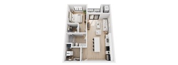 A top-down view of a small apartment layout with a kitchen, living room, and bathroom.