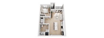 A top down view of a small apartment with a kitchen, living room, and bathroom.