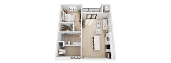 A top down view of a small apartment with a kitchen, living room, and bathroom.