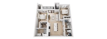 A top-down view of a small apartment layout with labeled rooms.