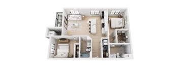 A top-down view of a modern apartment layout.
