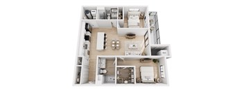 A top-down view of a well-organized apartment layout.