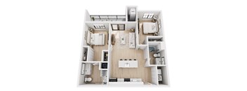 A white model of a house with a kitchen, living room, and bedrooms.