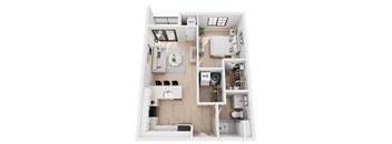 A top-down view of a small apartment with a kitchen, living room, and bathroom.