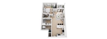 A top-down view of a well-organized apartment with a kitchen, living room, and bedroom.