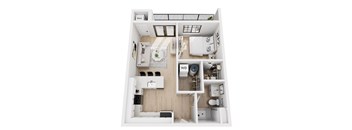 A top-down view of a small apartment with a kitchen, living room, and bathroom.