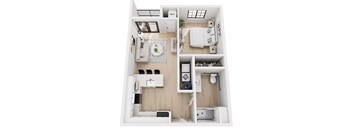 A top-down view of a small apartment with a kitchen, living room, and bedroom.